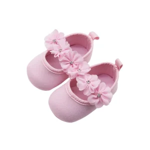 Katoenen Baby Schoenen - Maat 17 - Inclusief Hoofdband - Baby Slippers - Slofjes - Met anti- Slip Zool - Met Stoffen Bloemetjes - Ademend - Lichtgewicht - Roze
