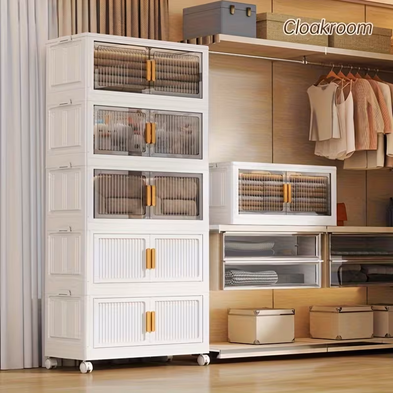 Opvouwbare opbergkast met 5 lagen – 110 cm hoog – verrijdbare plastic kast met dubbele deuren en wielen – 45 x 27 cm – ruimtebesparend opbergsysteem – inklapbare multifunctionele kast – ideaal voor speelgoed, boeken en huishoudartikelen - Afbeelding 3