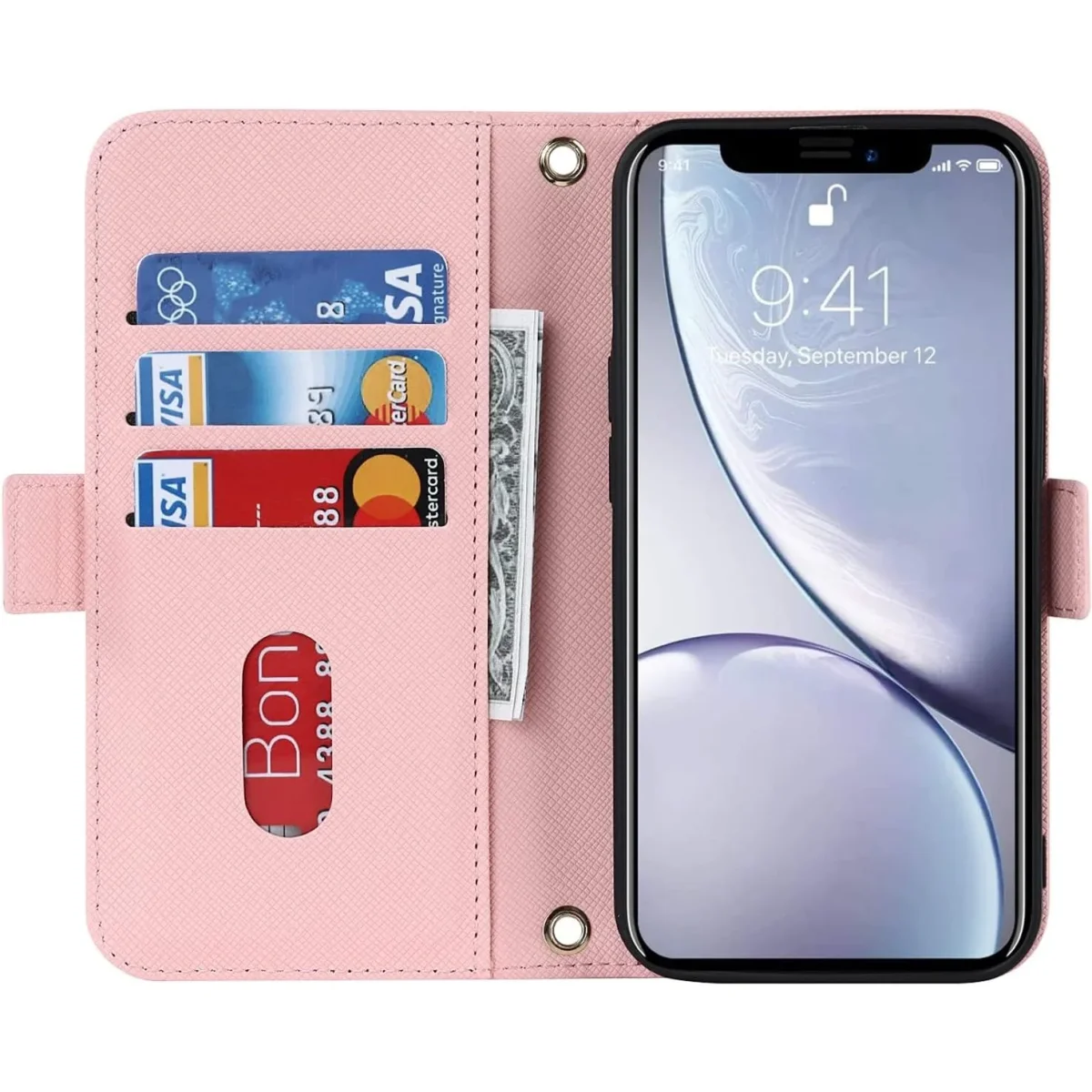 Multifunctionele portemonnee voor iPhone XR hoesje met verstelbare nekband - Creditcardhouder - 6.1" - PU lederen handtas portemonnee - Staande spiegel make-up hoesje met houder - Voor mannen vrouwen meisjes - Roze - Afbeelding 7