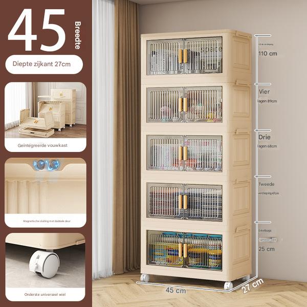 Opvouwbare opbergkast met 5 lagen – 110 cm hoog – verrijdbare plastic kast met dubbele deuren en wielen – 45 x 27 cm – ruimtebesparend opbergsysteem – inklapbare multifunctionele kast – ideaal voor speelgoed, boeken en huishoudartikelen - Afbeelding 5